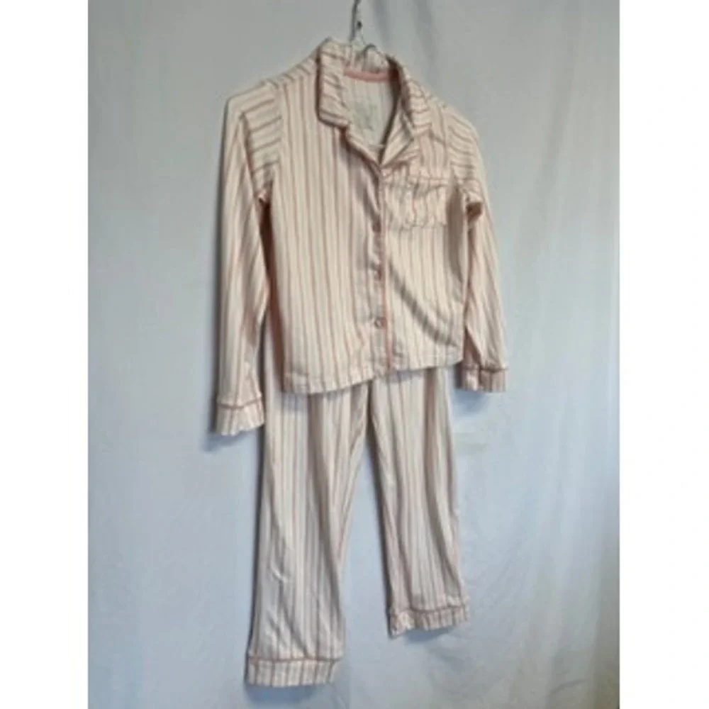 Tahari Kids Pink White Striped Pajama Set Long Sleeve Button Down Pants Size 7/8